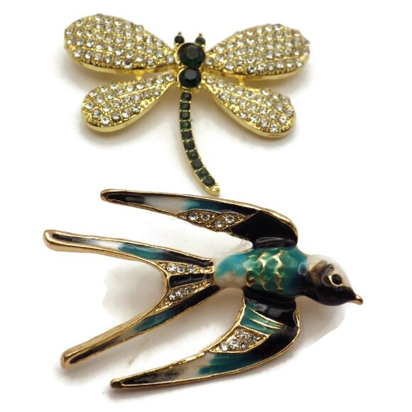 Two Enameled and Rhinestone Pins/ Swallow Bird and Dragonfly - Picture 1 of 5
